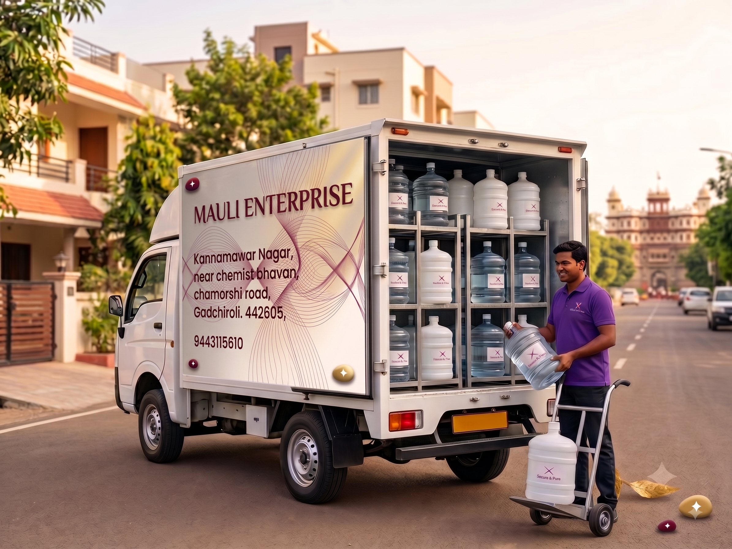 Mauli Enterprise delivery truck and team unloading water cans