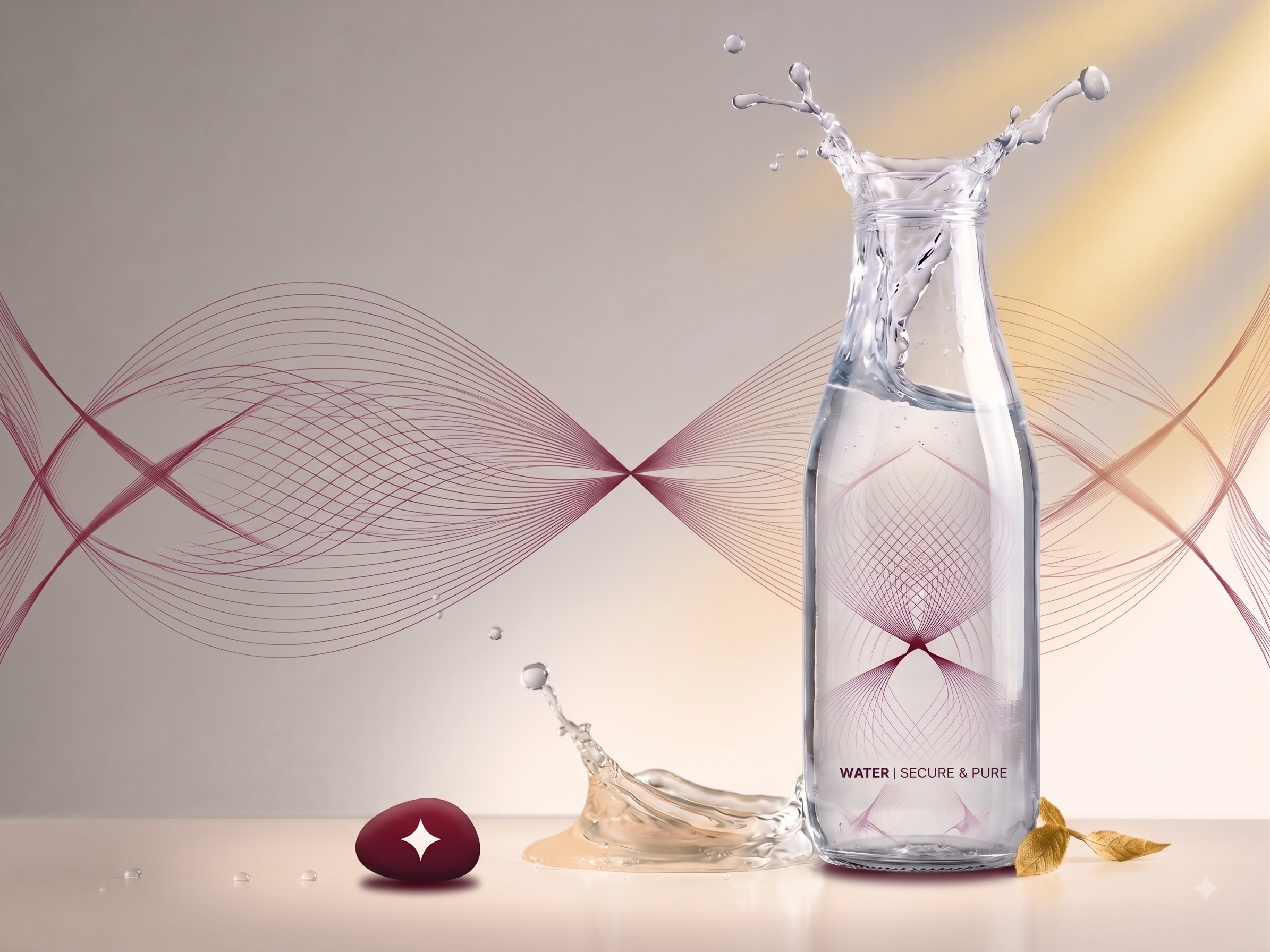 Splash of pure water from a glass bottle — secure and pure